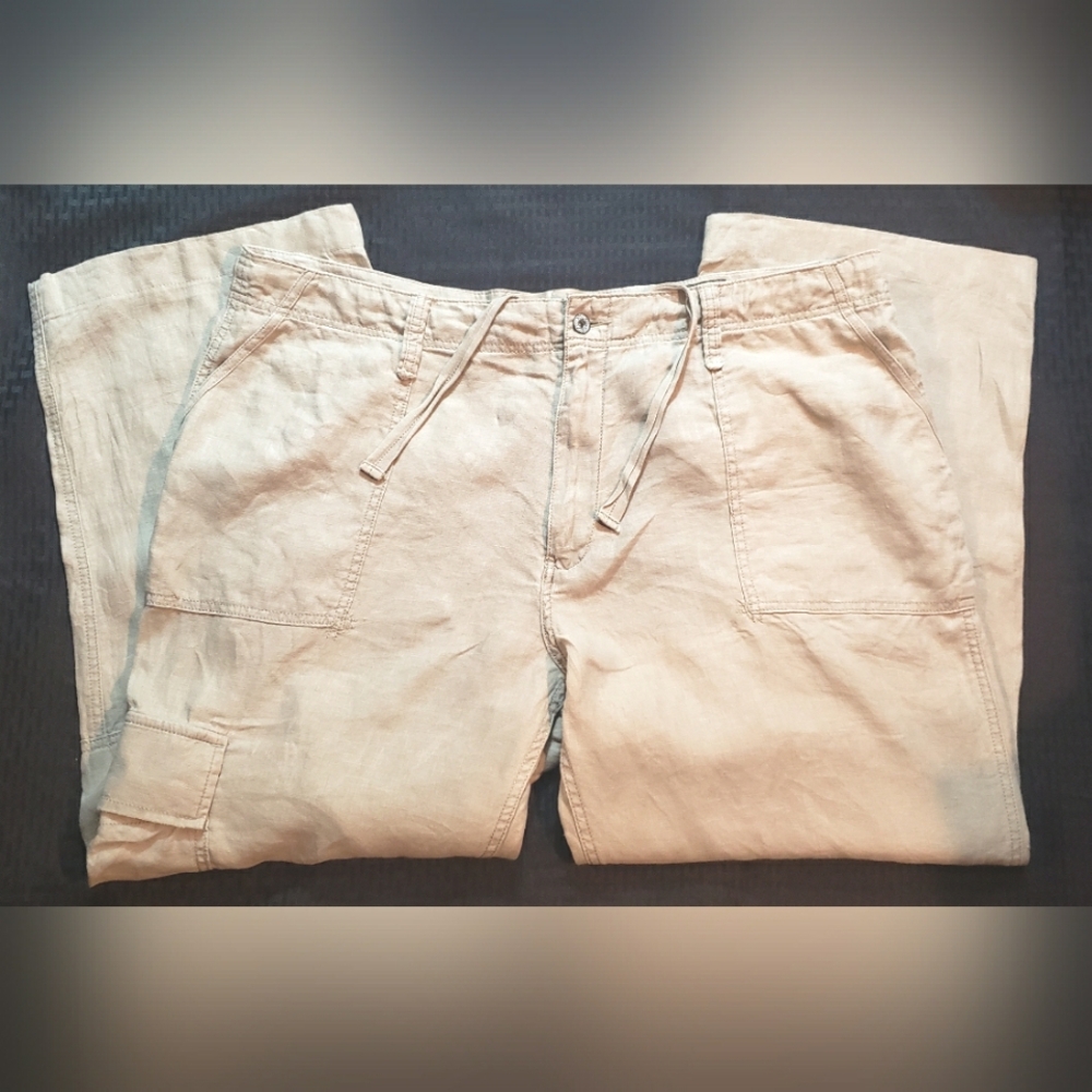 Old Navy Cargo Tan Linen Pants Men 43x28 Pockets Vacation Casual